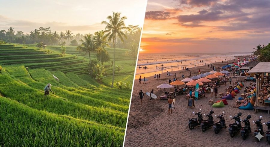 suasana: ketenangan sawah Ubud vs hingar bingar pantai Canggu